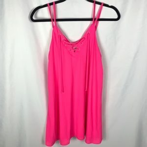 GB Lace Up V Neck Shift Dress Sleeveless Hot Pink
